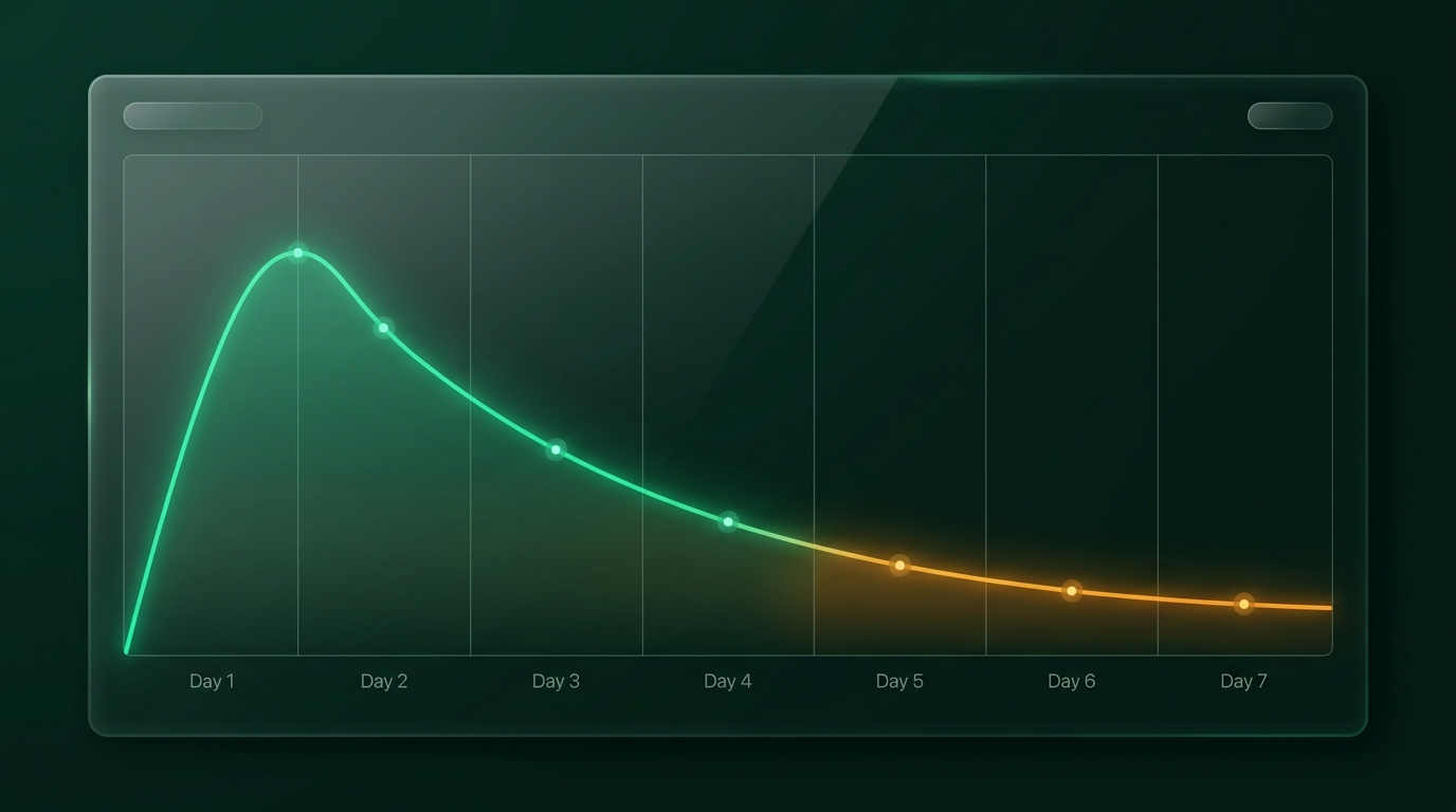 Gráfico científico de decaimento exponencial de meia-vida plasmática de 7 dias destacando a janela de vale nos dias 5 a 7