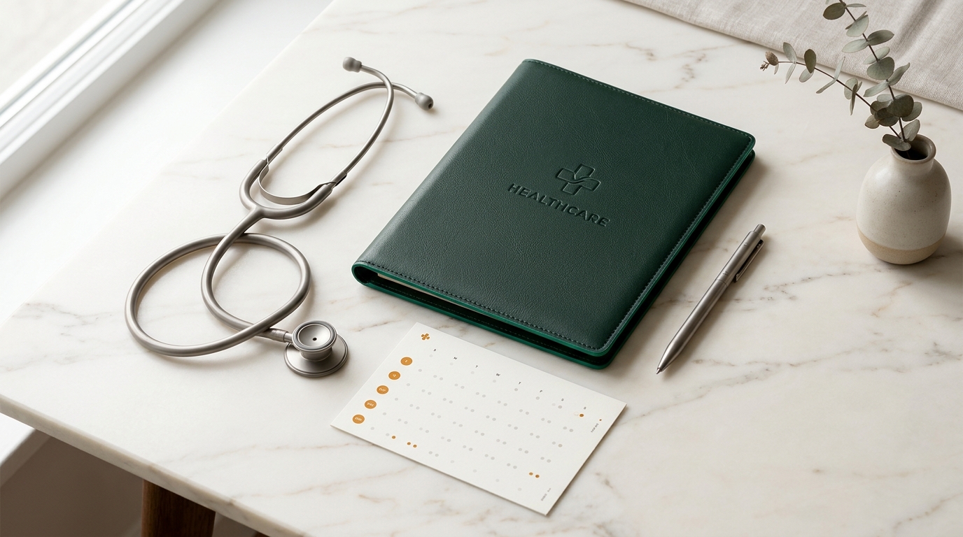 Pasta médica clínica com estetoscópio e calendário de controle de 90 dias de validade de prescrição médica