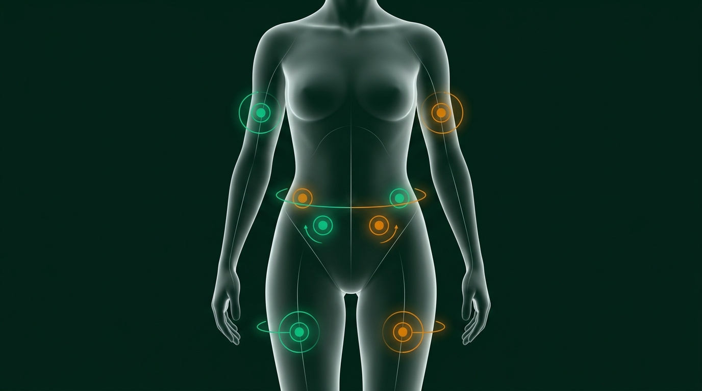 Mapa anatómico de rotación subcutánea con 6 zonas en abdomen, muslos y brazos