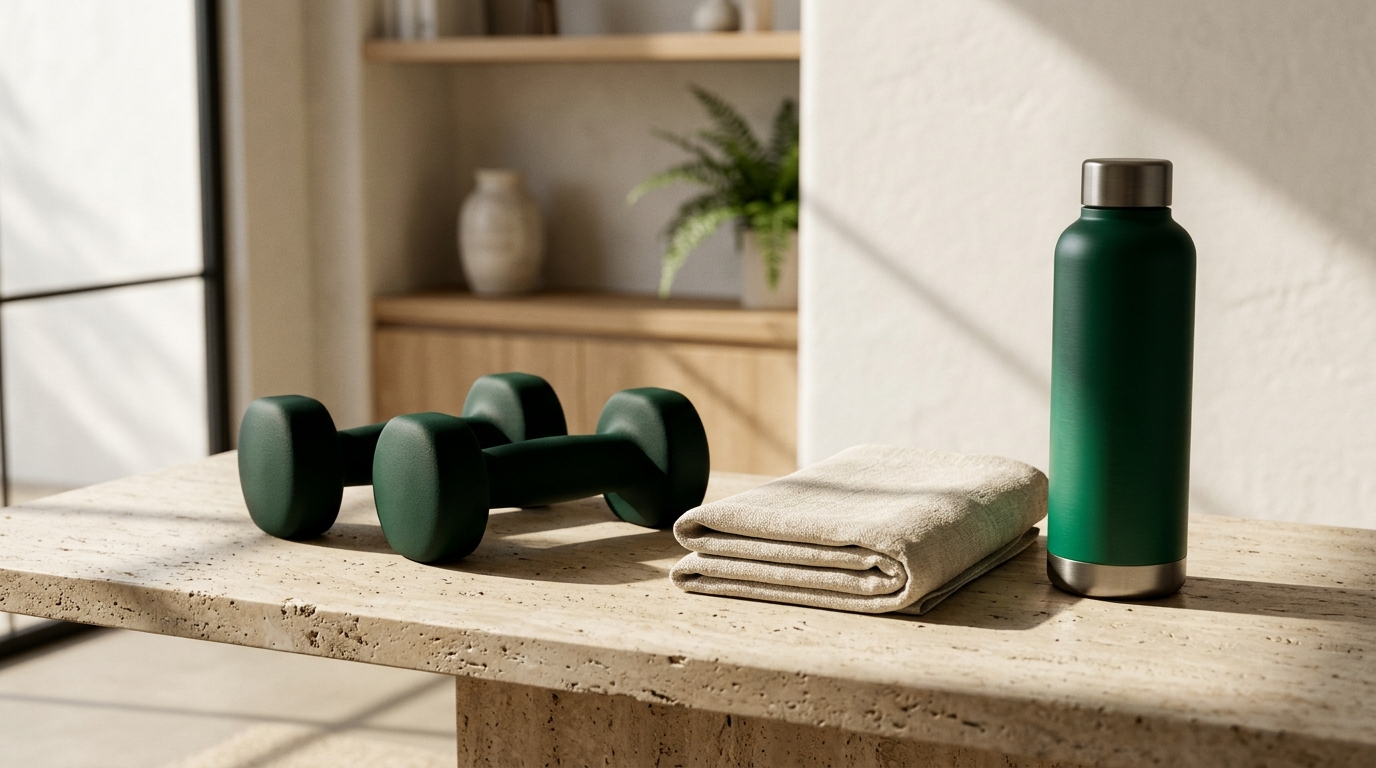 Halteres verde-floresta foscos em estúdio clínico minimalista representando treino resistido contra sarcopenia